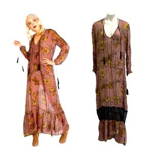 FOR LOVE & LEMONS maxi sheer long sleeved floral printed dress sz LARGE tall